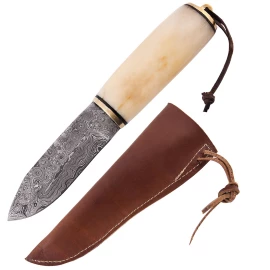 Damascus Steel Utility Knife with Bone Handle and Leather Sheath