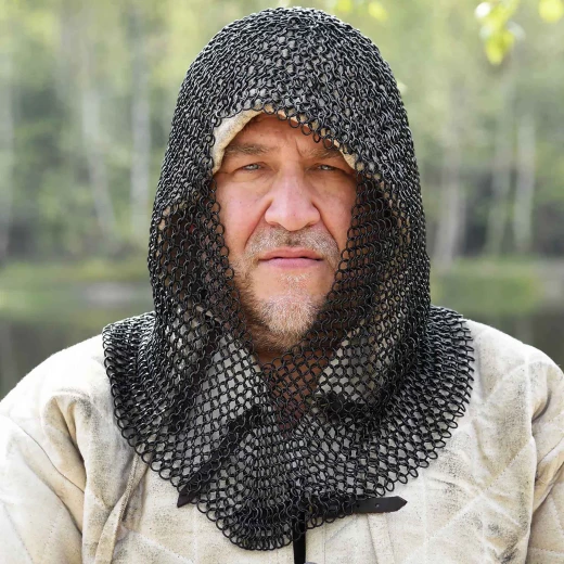Chain mail coif with V-face, blackened
