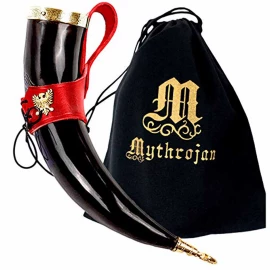 Drinking Horn 350ml Decorated with Brass with Belt Holder with Eagle Brass Fittings