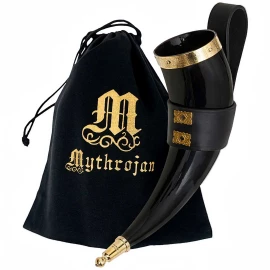 Drinking Horn 350ml "Wealthy Merchant" with Leather Holder with Brass Fittings