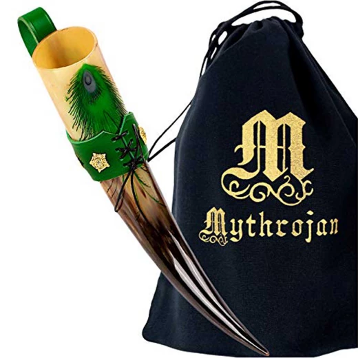 Drinking Horn 350ml “Lady of High Garden” with Green Belt Holder, Decorated with Heraldic Roses