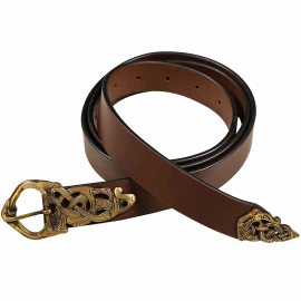 Very high-quality leather belt with Viking buckle and strap end, brown