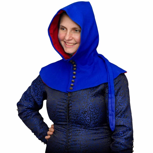 Gugel with Collar and Long, Thin Hood and Button Tab, Hood with a Trailing Point, blue