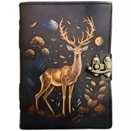 Leather notebook with UV print "Golden deer under the starry sky"