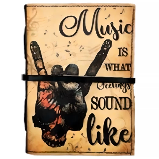 Leather journal with “Music is What Feelings Sound Like” printed design