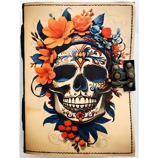 Handmade Leather Notebook Dia de los Muertos Skull