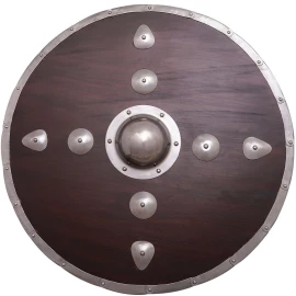 Wikinger Rundschild aus Holz 76 cm, kreuzförmig mit 8 Buckeln beschlagen