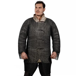 Chain mail Hauberk up to ½ thigh with long sleeves, butted rings ø10mm, blackened