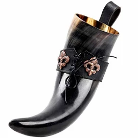 Knightly Drinking Horn 250/600ml with Black Leather Holder, Decorated with French Lilies