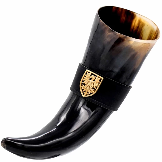 Knightly Drinking Horn 350/500ml with Belt Holder, Decorated with Eagle Coat of Arms