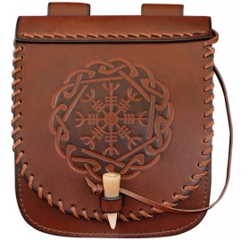 Belt Bag “Warrior of The North” 18x17cm with Helm of Awe Embossing For SCA, LARP, Reenactment and Historical Events, Brown