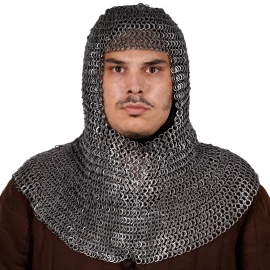 Chainmail Coif, round riveted rings with round rivets, combined with solid flat rings