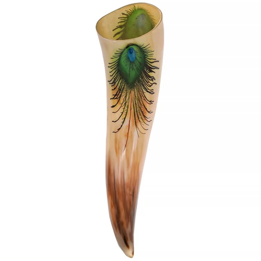 Drinking horn with peacock feather decoration 500-600 ml