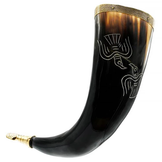 Drinking Horn Odin´s Ravens with Brass Tip & Rim