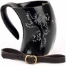 800ml Horn Jug with Lion Engraving by Mythrojan with Red Hanging Strap