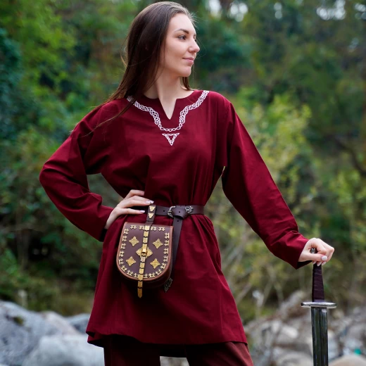 Medieval Embroidered Cotton Full Sleeves Tunic, Red or Black