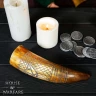 High Quality Drinking Horn 350ml with Engraving of Paper Boat on Checkered Background