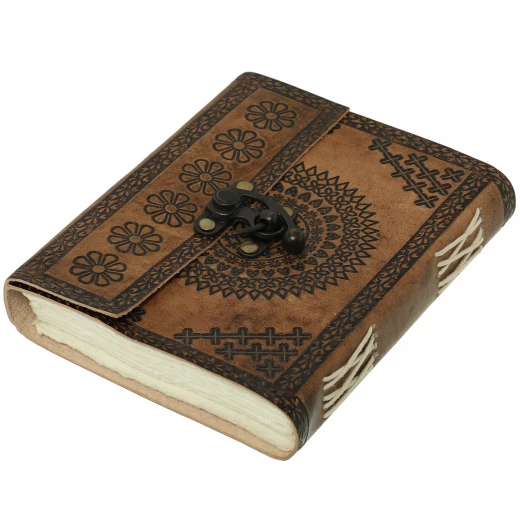 Notebook with Floral Mandala and Brass Swing Hook Clasp on Leather Cover