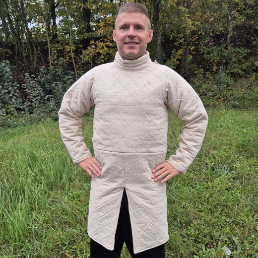 Medieval Padded Gambeson Below the Knee with Full Sleeves in Light Ecru Colour