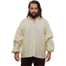 Natural Cotton Shirt with Long Sleeves and Buttons at the Neck