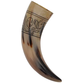 Drinking Horn 300ml with Plant Engraving Bordered with Lines