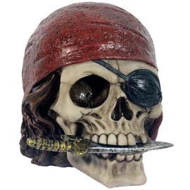 Dekofigur Totenkopf Pirat mit Kopftuch und Messer zwischen den Zähnen 13cm