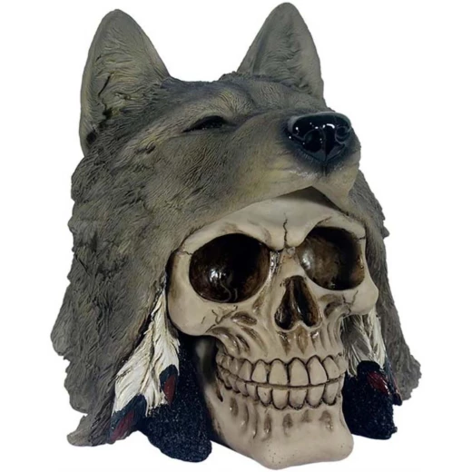 Indian Skull with Wolf Head 16cm Decorative Polyresin Figurine