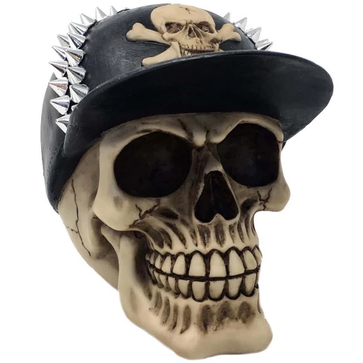 Skull with Studded Baseball Cap 13cm Decorative Polyresin Figurine