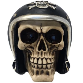 Sculpture skull with motorbike helmet 13cm