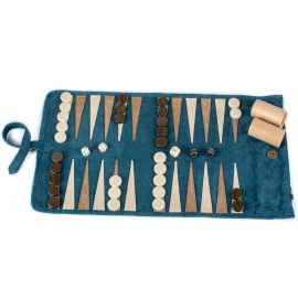 Hochwertiges, handgefertigtes RAF-Roll-Up-Backgammon-Set aus blauem Wildleder