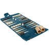 Hochwertiges, handgefertigtes RAF-Roll-Up-Backgammon-Set aus blauem Wildleder