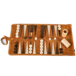 Hochwertiges, handgefertigtes Roll-Up-Backgammon-Set aus Wildleder in Zimtbraun