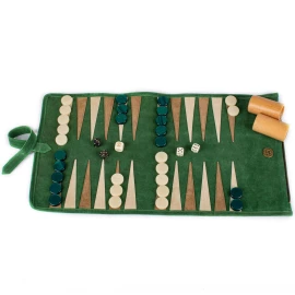 Hochwertiges, handgefertigtes Roll-Up-Backgammon-Set aus waldgrünem Wildleder