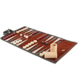 Hochwertiges, handgefertigtes Roll-Up-Backgammon-Set aus burgunderrotem Wildleder