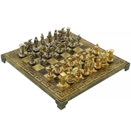 Handcrafted Spartan Warrior Chess Set - Gold/Silver Chessmen and Meander Bronze Chessboard (Small)