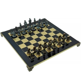 Handcrafted Solid Brass Cycladic Art Chess Set, Blue & Brown 44x44cm