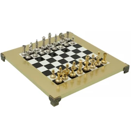 Classic Metal Staunton Chess Set with gold/silver chessmen and brass chessboard 28 x 28cm (Small)