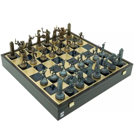 Handcrafted Greek Mythology Chess Set in Wooden Box - Blue & Brown Chessmen with Bronze Board (Extra Large)