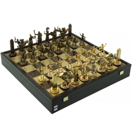 Handgefertigtes Schachspiel Griechische Mythologie – Gold/Braun-Schachfiguren und Bronze-Schachbrett 48x48cm