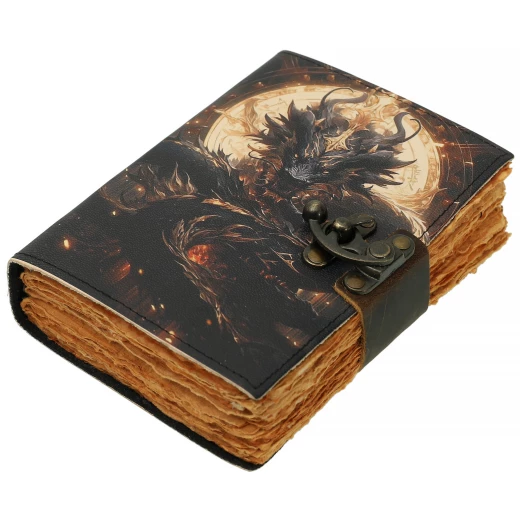 Leather journal with “Mystic dragon under a glowing full moon” UV printed design