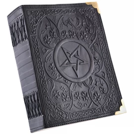 Black Leather Notepad with Pentagram, Memorial Book 18x23cm