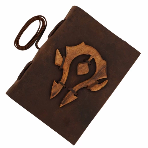 Handmade Leather Journal Notebook with wooden mystical woodcarving on the cover