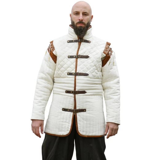 Dlouhý gambeson s odnímatelnými rukávy a kůží, přírodní hnědá barva