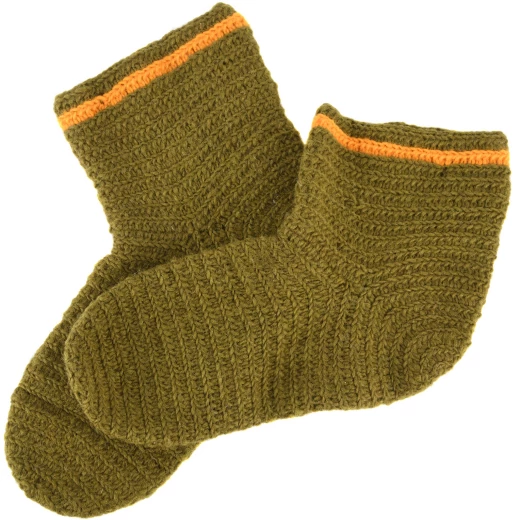 Wollsocken, gehäkelt, grün-gelb